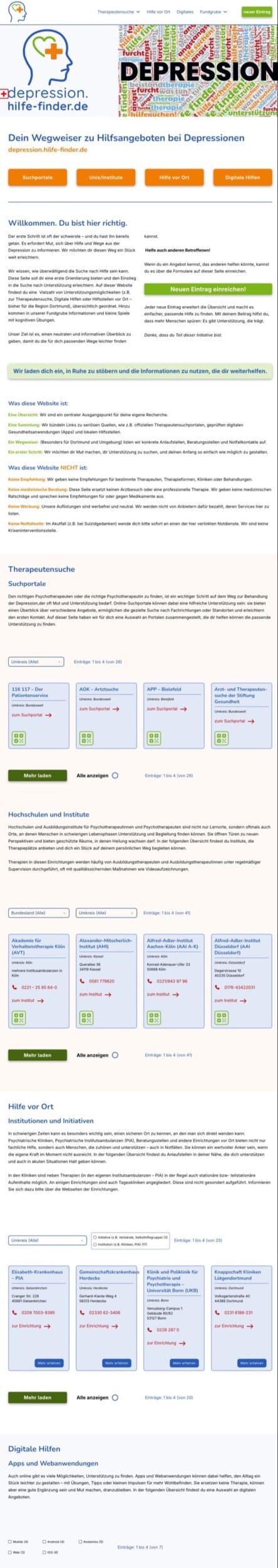 Startseite der Website depression.hilfe-finder.de