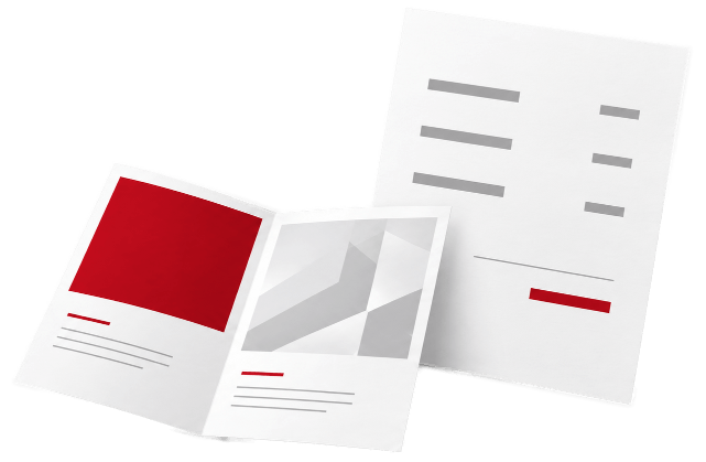 Aufgeklapptes Faltblatt und ein Briefbogen mit Gestaltungsentwurf in Rot und Grau